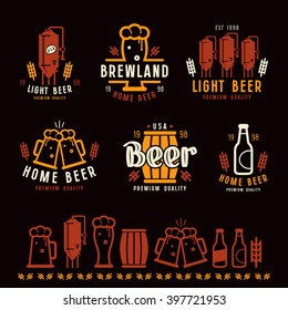 Craft beer brewery emblems, labels and design elements. Color print on black background