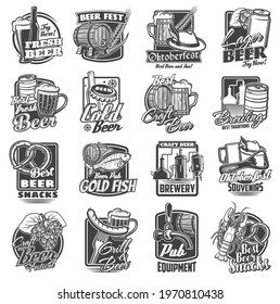 Craft beer brewery and festivals sketch icons set. Oktoberfest beverages and snacks, local brewing pub or bar equipment emblems. Tankard and wooden barrel, beer bottle and hop, barley engraved vector