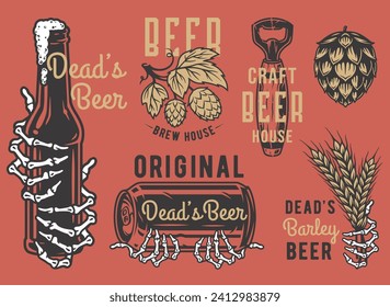 Craft beer brewery, hop seed, brewing bottle corks for barley emblems set with skeleton