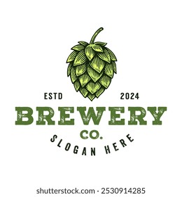 Logotipo cervejaria artesanal, Vintage Hop Cone Badge Emblema Design