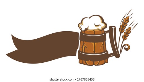 Logotipo de cervecería de cerveza de artesanía con espacio de copia. Pinta de sidra o de lino pálido, bebida alcohólica hecha a mano en taza de madera. Espinas de cinta y trigo, ingrediente orgánico. Vector de surtido de menú Pub o barra