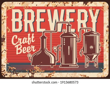 Craft beer brewery rusty metal vector plate. Copper brew kettles with pipes, pressure gauges and typography. Small, local brewery or pub retro banner, advertising sigh with rust texture