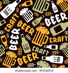 Craft beer brewery seamless pattern. Color print on black background