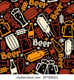 Craft beer brewery seamless pattern. Color print on black background