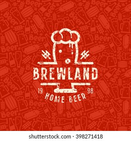 Craft beer brewery seamless pattern and emblem. White print on red background