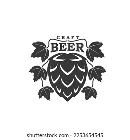 Craft beer brewery symbol. Bar or pub, restaurant alcohol drink menu vector icon or sign. Beer local brewery, ale and lager production monochrome emblem with hops plant flower and leaves