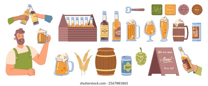 Craft beer and brewery symbols. Vector isolated bottles, barrels and glasses. Brewer, hops and rye ears, signboard and opener. Assortment of alcoholic beverages, pub or drinking festival elements