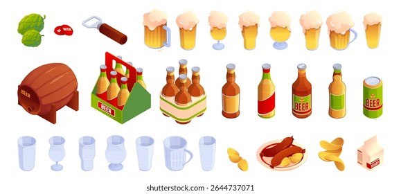 Craft beer and brewery symbols. Vector isometric bottles and glasses. Hops and wooden barrel, lids and opener, chips and other snacks. Assortment of alcoholic beverages, pub or drinking elements