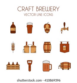 Craft beer and brewery vector line icon set in brown and orange colors isolated on white background: beer bottle, distillery, beer opener, barrel, beer tap, glass, hop, malt, beer sign, pint etc.