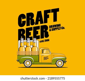 Craft beer brewing and delivery illustration with retro side view pickup truck with bottles of beer in the back. Beer poster design. Vector illustration