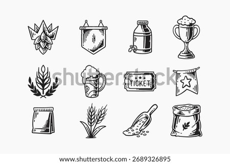 craft beer and brewing ingredient retro illustration set. brewery elements with hops, wheat, and beer mug in engraved style. traditional beer making tools and awards vintage hand-drawn vector designs.