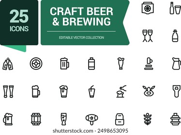 Craft Beer and Brewing Line Icons Set. Related to Beer Bottle, Glass, Barrel, Six-pack, Keg, Mug. Minimalist thin linear web ui icon set. Simple editable vector stroke illustration.