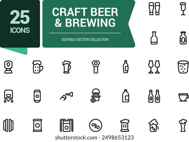 Craft Beer and Brewing Line Icons Set. Related to Beer Bottle, Glass, Barrel, Six-pack, Keg, Mug. Minimalist thin linear web ui icon set. Simple editable vector stroke illustration.