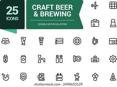 Craft Beer and Brewing Line Icons Set. Related to Beer Bottle, Glass, Barrel, Six-pack, Keg, Mug. Minimalist thin linear web ui icon set. Simple editable vector stroke illustration.