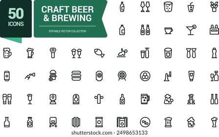 Craft Beer and Brewing Line Icons Set. Related to Beer Bottle, Glass, Barrel, Six-pack, Keg, Mug. Minimalist thin linear web ui icon set. Simple editable vector stroke illustration.