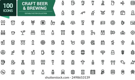 Craft Beer and Brewing Line Icons Set. Related to Beer Bottle, Glass, Barrel, Six-pack, Keg, Mug. Minimalist thin linear web ui icon set. Simple editable vector stroke illustration.