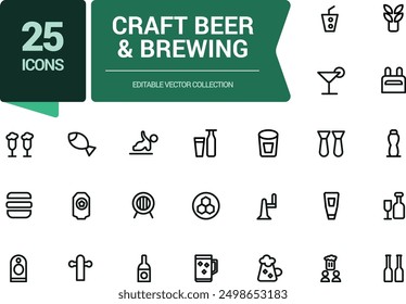 Craft Beer and Brewing Line Icons Set. Related to Beer Bottle, Glass, Barrel, Six-pack, Keg, Mug. Minimalist thin linear web ui icon set. Simple editable vector stroke illustration.