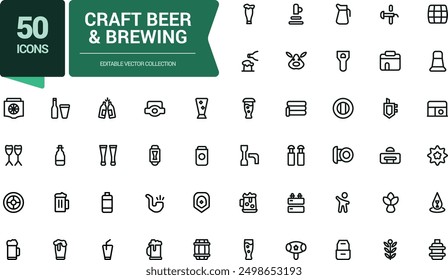 Craft Beer and Brewing Line Icons Set. Related to Beer Bottle, Glass, Barrel, Six-pack, Keg, Mug. Minimalist thin linear web ui icon set. Simple editable vector stroke illustration.