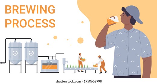 Craft beer, brewing process vector illustration. Cartoon young man character drinking beer, alcohol drink production in brewery plant, conveyor product packaging with people workers background