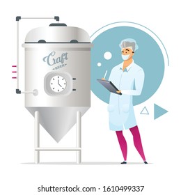 Craft beer brewing stage flat color vector illustration. Factory supervisor. Male character next to fermentation tank. Microbrewery. Small brewery. Factory. Isolated cartoon character on white