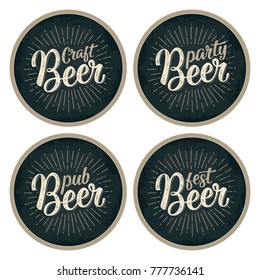 Craft Beer calligraphic lettering with rays. Advertising design for coaster. Vector vintage engraving illustration on dark circle