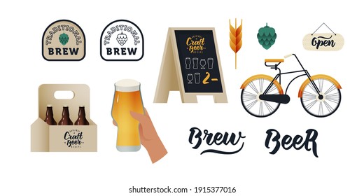 Craft Beer in Cardboard Box. Hop and Wheat. Brew and Beer Lettering. Open Sign. Vintage Bicycle. Pavement Stand. Hand Hold Glass of Beer. Modern Vector Illustration. Social Media Ads.