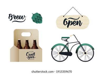 Cerveza artesanal en caja de cartón. Hops. Brew Lettering. Abrir el signo. Bicicleta Vintage. Ilustración vectorial moderna. Anuncios de medios sociales.