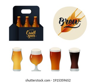 Craft Beer in Cardboard Box. Modern Vector Illustration. Lettering Compositions with Decorative Elements. Badge with Wheat. Brew Lettering. Glasses with Beer Heads. Social Media Ads.