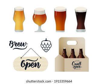 Cerveza artesanal en caja de cartón. Ilustración vectorial moderna. Leer composiciones con elementos decorativos. Hops. Brew Lettering. Abrir el signo. Gafas con cabezas de cerveza. Anuncios de medios sociales.