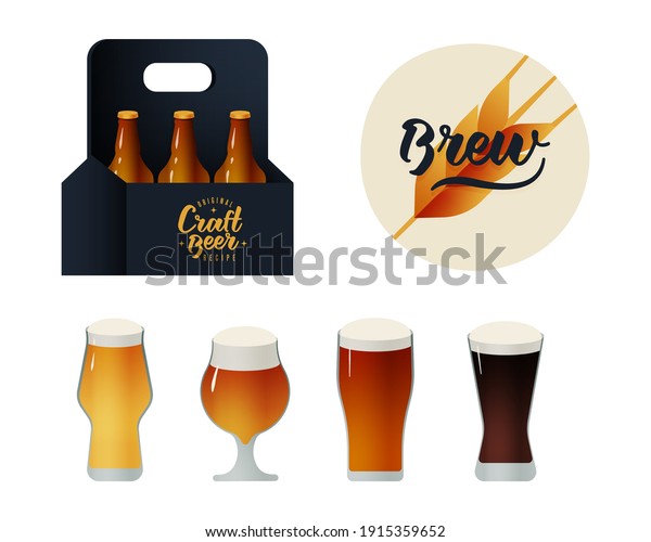 Craft Beer in Cardboard Box. Modern Vector\
Illustration. Lettering Compositions with Decorative Elements.\
Badge with Wheat. Brew Lettering. Glasses with Beer Heads. Social\
Media Ads.
