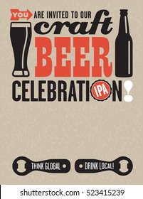 Craft Beer Celebration invitation template using vector Illustrations of beer related elements on grunge background.