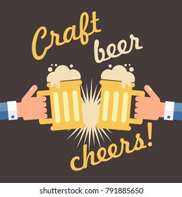 Craft beer cheers. Dark background, flat design, isolated, vector.