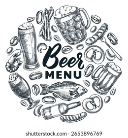 Rótulo de círculo de cerveja artesanal com caneca, copos, salsicha, pretzel, peixe. Ilustração de esboço desenhado à mão do vetor. Preparação de snacks e bebidas design para menu pub, embalagem Oktoberfest, decoração de bar