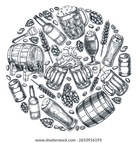 Craft beer circle label with mugs, glasses, barrel, hop, malt. Vector hand drawn sketch illustration. Brewing design for pub menu, Oktoberfest packaging, bar decor, graphic prints