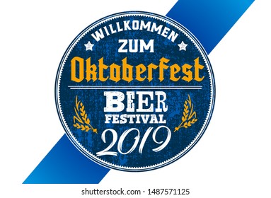 Craft beer coaster for Bavarian Oktoberfest festival. Handwritten logo for banner, card, mat, poster, flyer in grunge, rough  typography. Craft Bierdeckel. Willkommen zum means welcome.