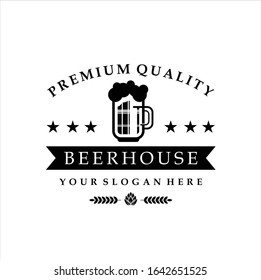 Craft Beer company badge, sign or label. Vector illustration. Vintage design for winery company, bar, pub, shop, branding and restaurant business. Coaster for beer, beer glasses