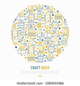 Craft beer concept in circle with thin line icons related to Octoberfest: beer pack, hop, wheat, bottle opener, manufacturing, brewing, tulip glass, can. Modern vector illustration for print media.