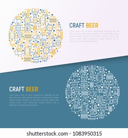 Craft beer concept in circle with thin line icons related to Octoberfest: beer pack, hop, wheat, bottle opener, manufacturing, brewing, tulip glass, mag with foam, can. Vector illustration.