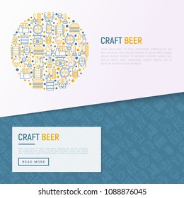 Craft beer concept in circle with thin line icons related to Octoberfest: beer pack, hop, wheat, bottle opener, manufacturing, brewing, tulip glass, mag with foam. Vector illustration for print media.