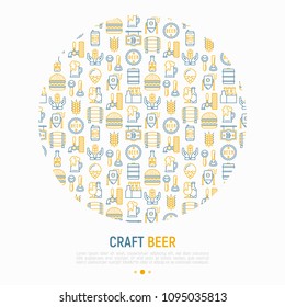 Craft beer concept in circle with thin line icons related to Octoberfest: beer pack, hop, wheat, bottle opener, manufacturing, brewing, tulip glass, mag with foam. Vector illustration for print media.