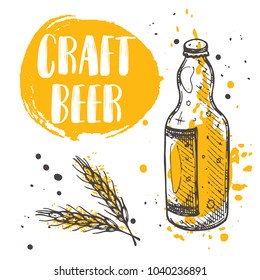 Craft beer concept design. Logo, icon and label for your design. Ink hand drawn vector illustration. Can be used for menu, shop, restaurant, cafe, bar, poster, banner, sticker, brewery.