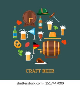 Craft beer concept with glasses, mugs, hats, hops, leaves, flags, barrels, eisbein, pretzel and sausage. Oktoberfest. Element for your design works. Vector illustration.