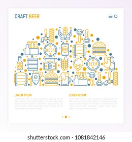 Craft beer concept in half circle with thin line icons related to Octoberfest: beer pack, hop, wheat, bottle opener, manufacturing, brewing, tulip glass, mag with foam, can. Modern vector illustration