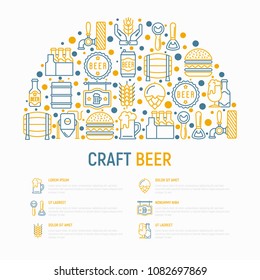 Craft beer concept in half circle with thin line icons related to Octoberfest: beer pack, hop, wheat, bottle opener, manufacturing, brewing, tulip glass, mag with foam, can. Modern vector illustration