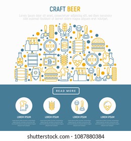 Craft beer concept in half circle with thin line icons related to Octoberfest: beer pack, hop, wheat, bottle opener, manufacturing, brewing, tulip glass. Modern vector illustration for print media.