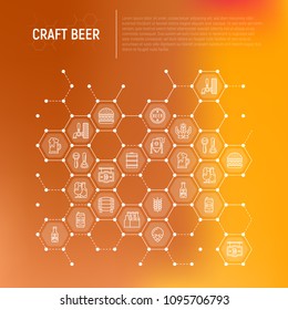 Craft beer concept in honeycombs with thin line icons related to Octoberfest: beer pack, hop, wheat, bottle opener, manufacturing, brewing, tulip glass. Modern vector illustration for print media.