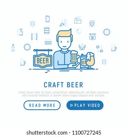 Craft beer concept: man and mag with foam. Thin line icons related to Octoberfest: beer pack, hop, wheat, bottle opener, manufacturing, brewing, tulip glass. Vector illustration, web page template.