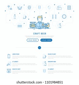 Craft beer concept: man and mag with foam. Thin line icons related to Octoberfest: beer pack, hop, wheat, bottle opener, manufacturing, brewing, tulip glass. Vector illustration, web page template.