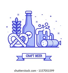 Craft beer concept with traditional brewing symbols and elements. Full glass of beer with foam, bottle of ale, pretzel, cheese or sausage and wheat. Brewery card template.