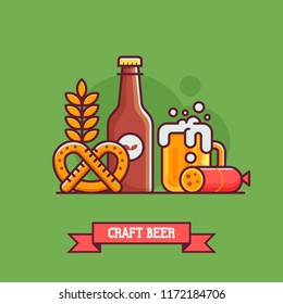 Craft beer concept with traditional brewing symbols and elements. Full glass of beer with foam, bottle of ale, pretzel, cheese or sausage and wheat. Brewery card template.